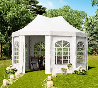white octagonal high peak frame tent for backyard gathering